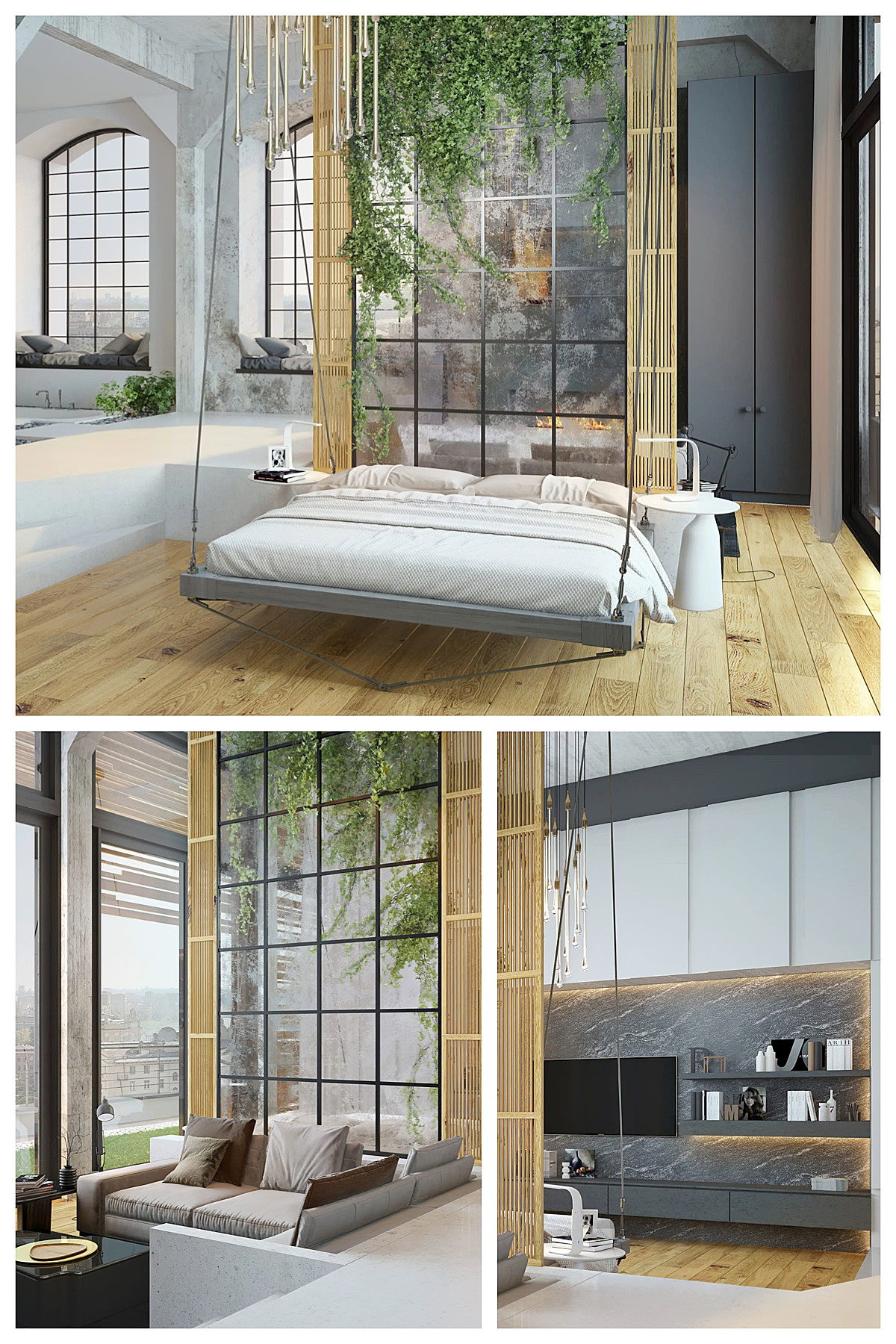 Nowoczesna sypialnia 2026 w stylu loft z ceglaną ścianą i metalowymi akcentami