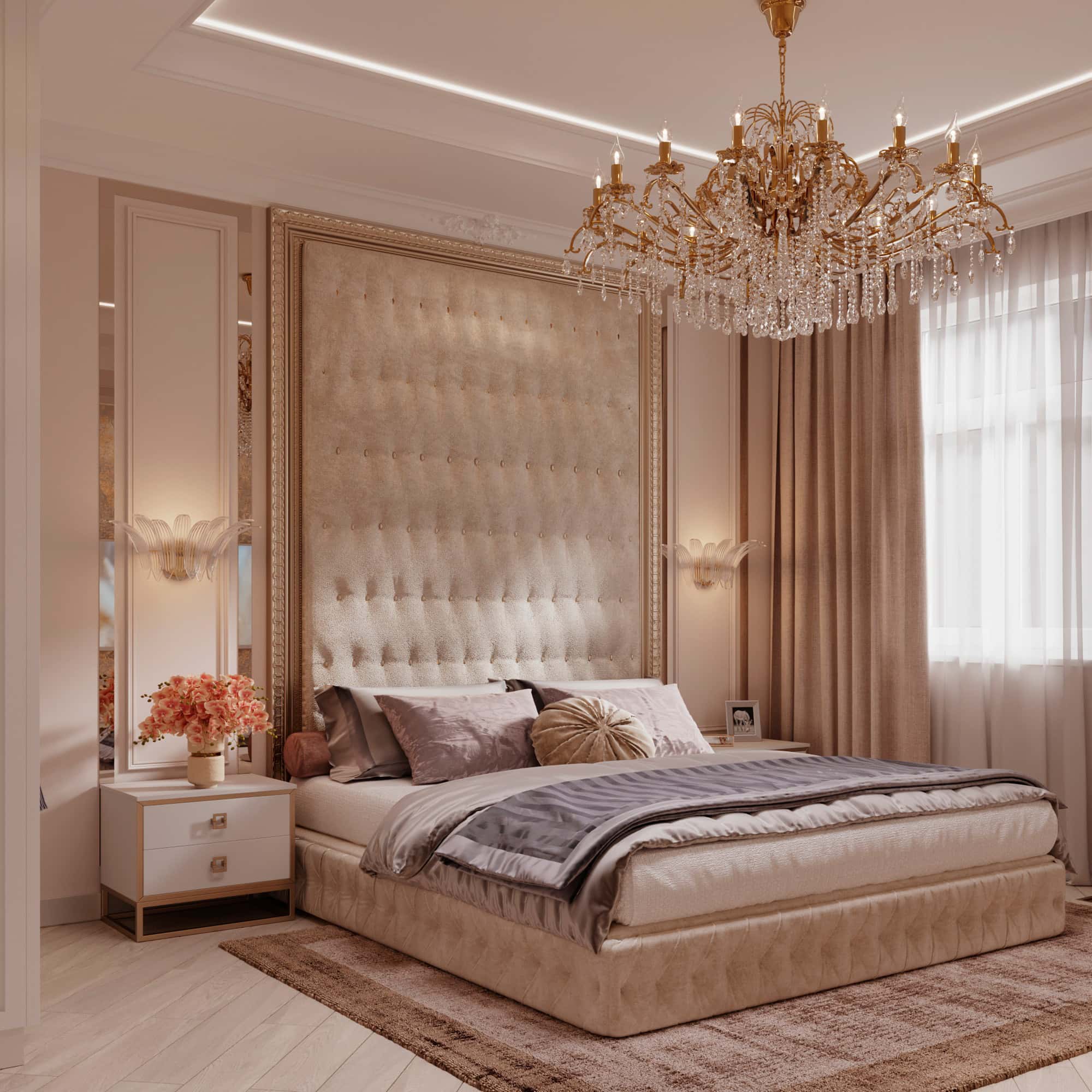 Nowoczesna sypialnia 2026 z cyfrowym freskiem i ergonomicznym oświetleniem sufitowym.