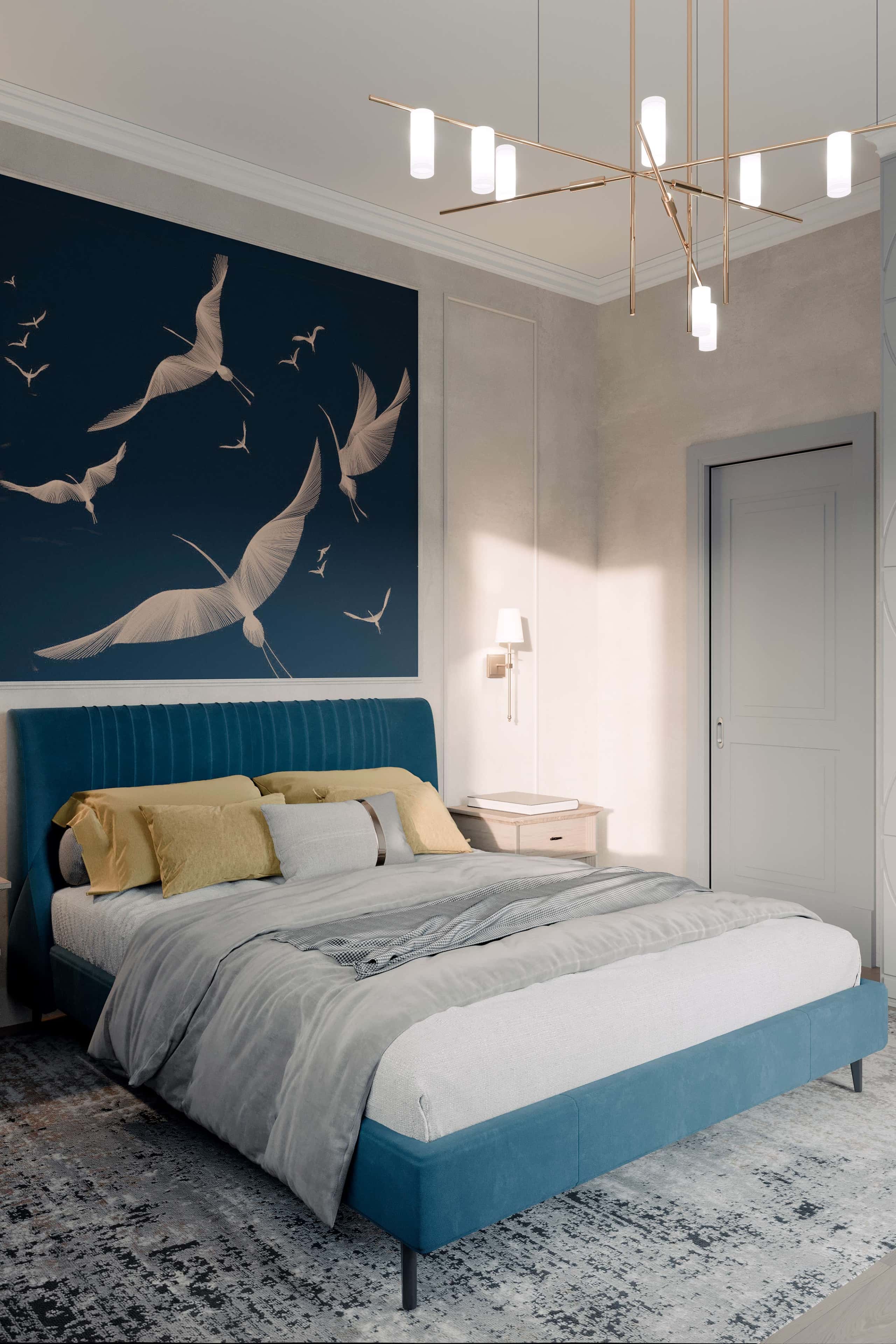 Przestronna sypialnia 2026 z subtelnym oświetleniem sufitowym i elementami ergonomii.