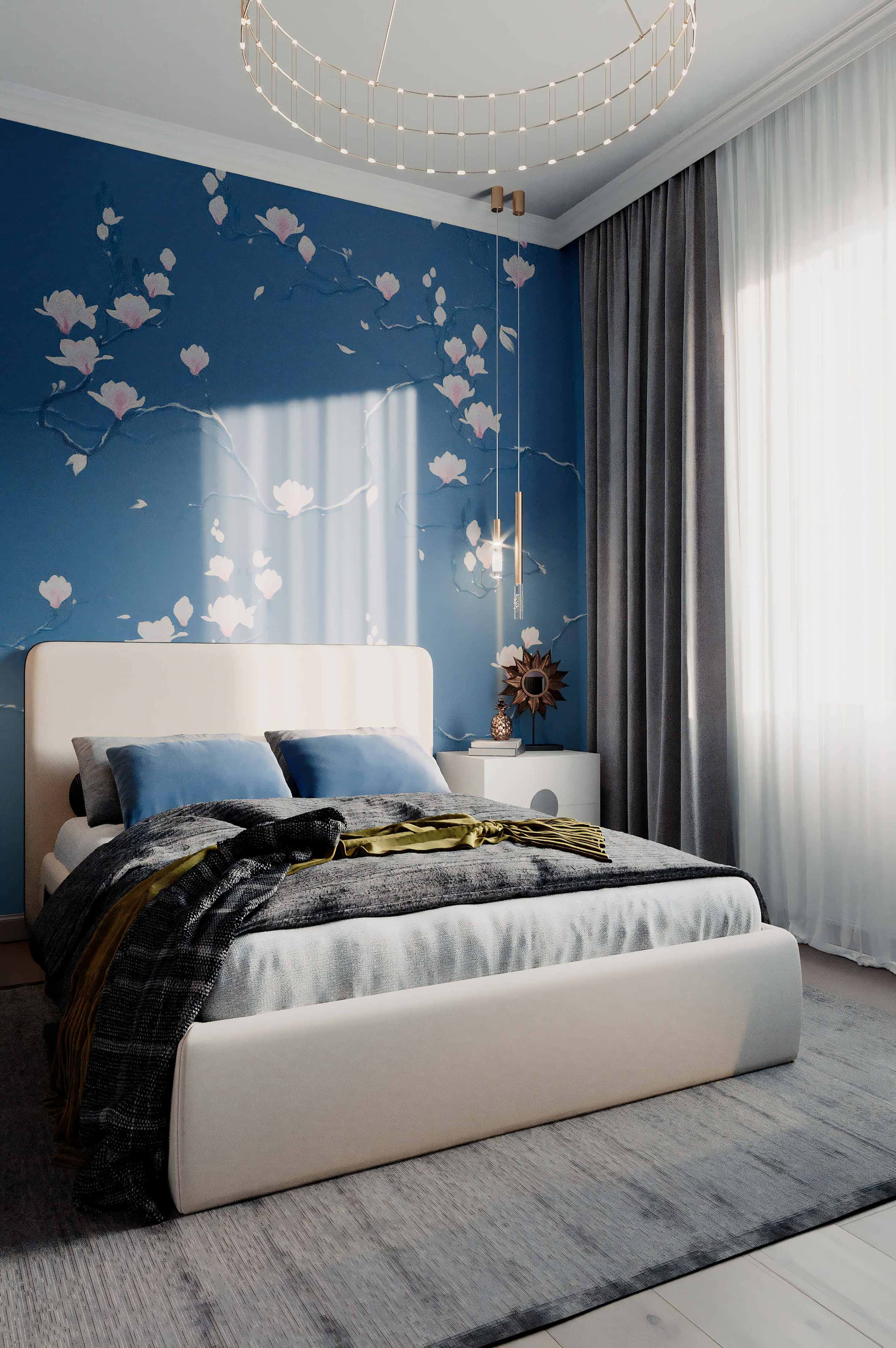 Stylowa sypialnia 2026 z akcentami neoklasycznymi i nowoczesnym designem cyfrowych fresków.