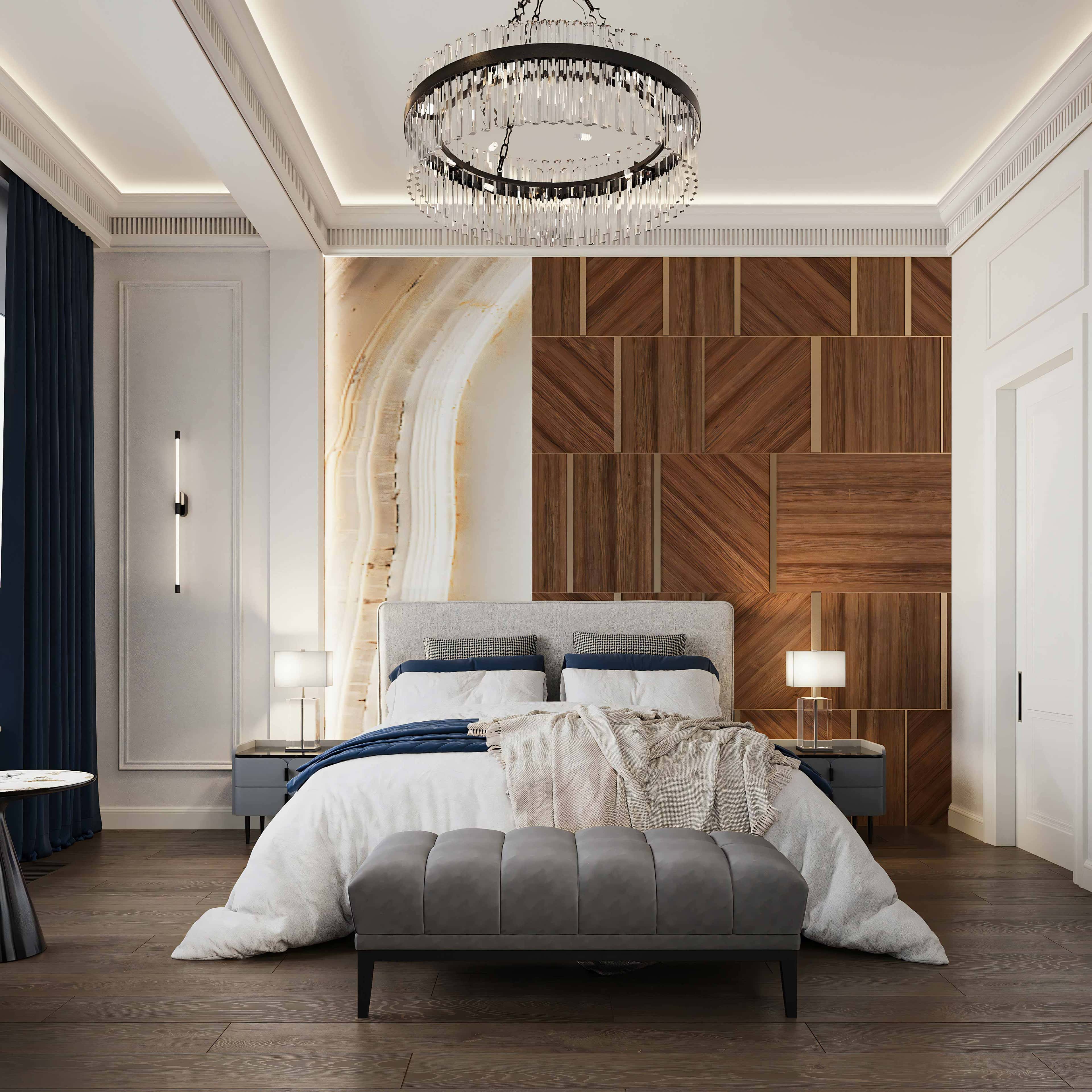 Przytulna sypialnia 2026 z miękkim dywanem i ciepłym oświetleniem.