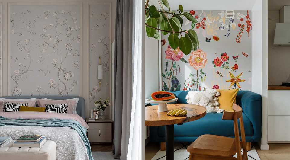 Botaniczne cuda w nowoczesności Nowoczesne wnętrze z botanicznymi tapetami o dużych, wyrazistych wzorach w stylu retro.