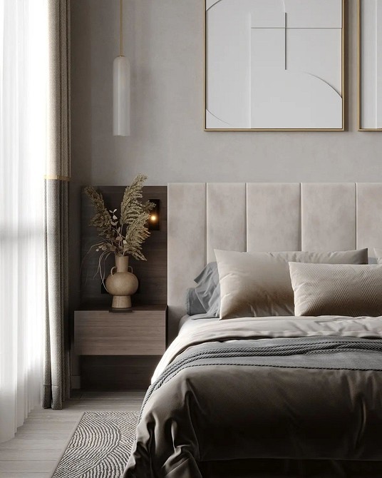 Dekoracyjne panele gipsowe 3D w jadalni, eleganckie wykończenie ściany i nowoczesne oświetlenie.