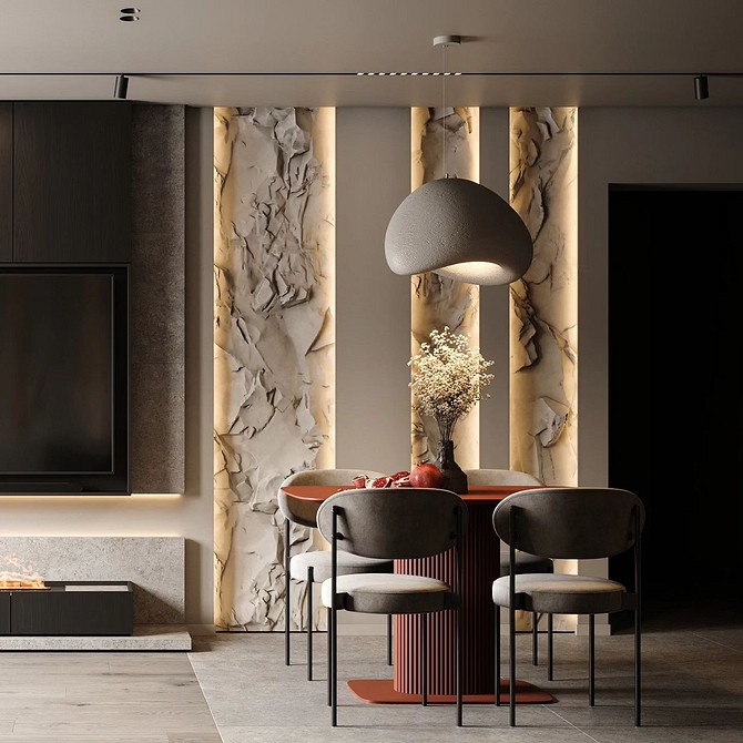 Ściana z panelami gipsowymi 3D: subtelny wzór w małym mieszkaniu. Aranżacja wnętrz 2026.