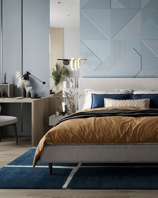 Aranżacja wnętrza z panelami gipsowymi 3D, nowoczesny design i unikalna tekstura ściany.