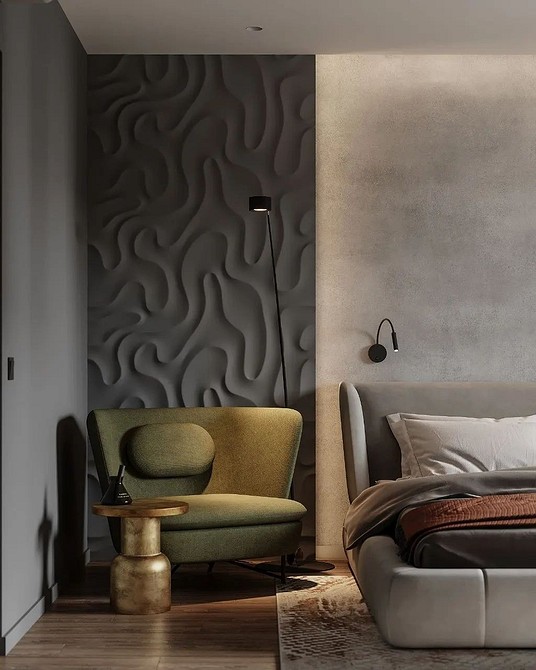 Elegancki salon z panelami gipsowymi 3D, stylowe i ekologiczne wykończenie ściany.