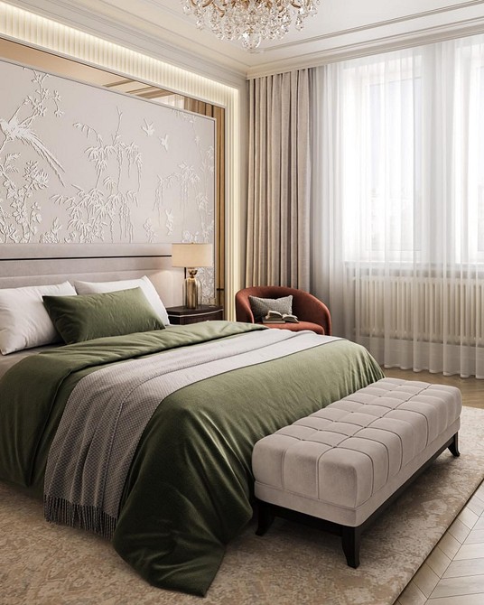 Elegancki salon z panelami gipsowymi 3D, minimalistyczny wystrój i subtelne oświetlenie ściany.