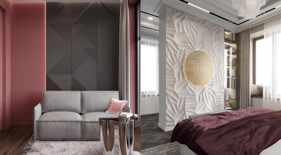 Nowoczesna ściana z paneli gipsowych 3D w salonie, minimalistyczny design.