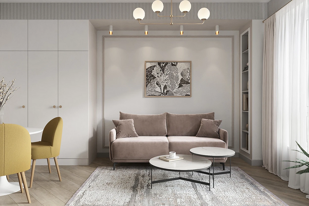 Białe panele gipsowe 3D w salonie: czysty design i optyczne powiększenie przestrzeni.