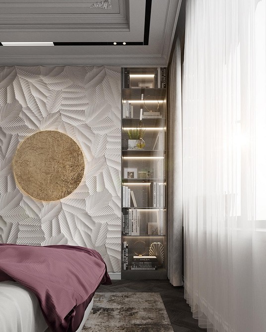 Aranżacja z panelami gipsowymi 3D i oświetleniem - gra światła i cienia na ścianie.