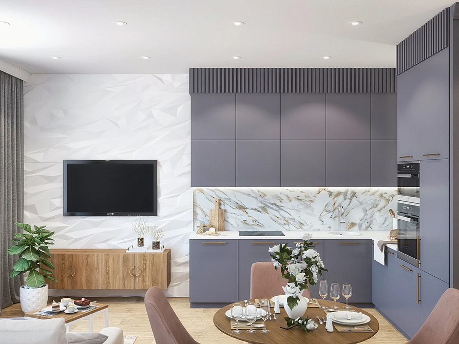 Białe panele gipsowe 3D w jadalni, delikatny wzór, eleganckie wykończenie ściany.