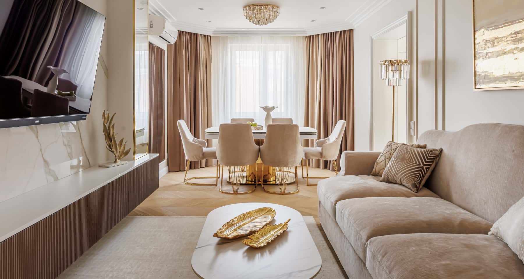 Nowoczesna aranżacja mieszkania po remoncie premium z elementami luksusowego wykończenia.