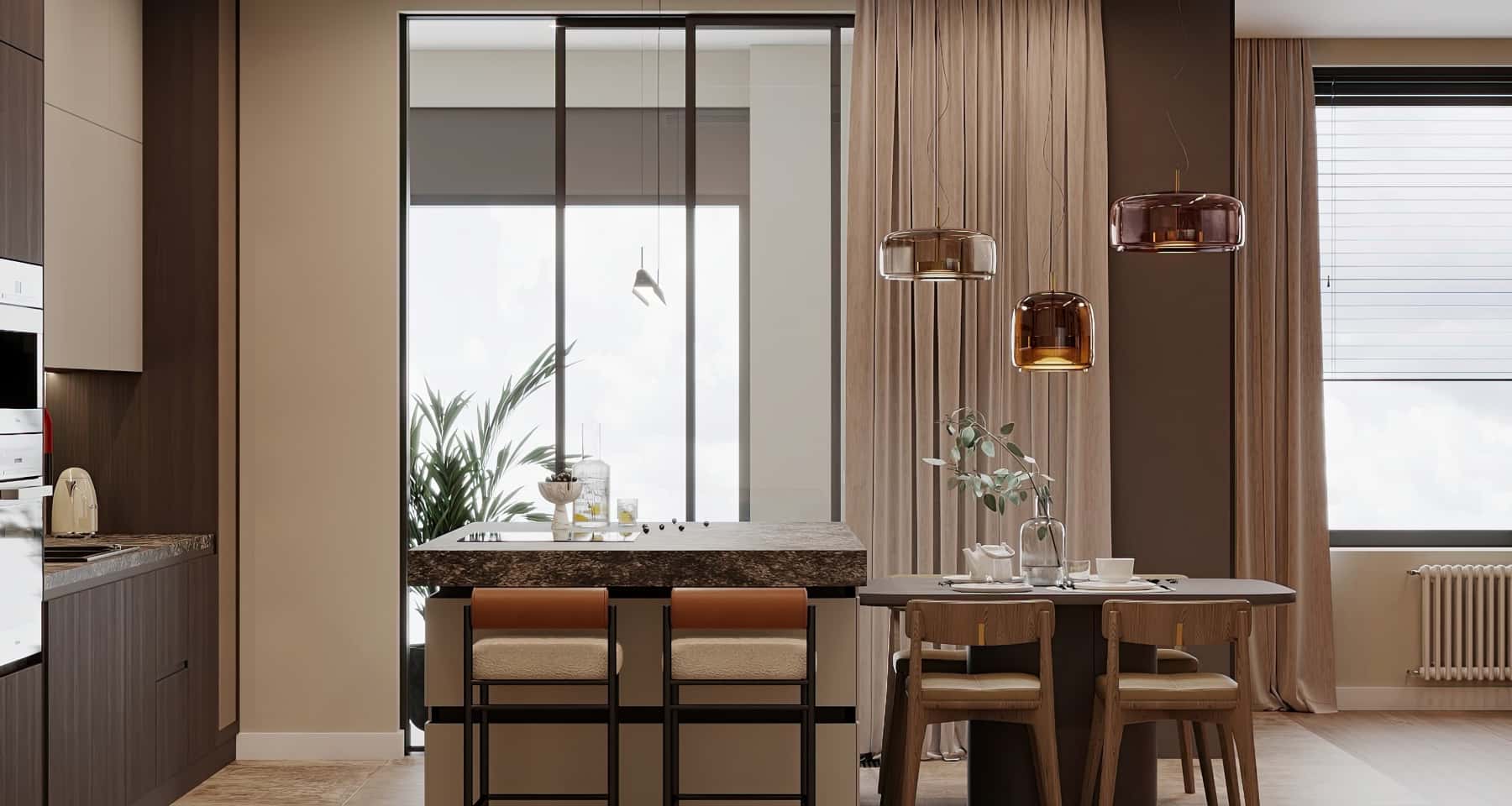 Nowoczesny design kuchni Wnętrze nowoczesnej kuchni z wyspą i marmurowym blatem, oświetlone stylowym oświetleniem wiszącym.