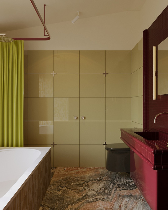 Beż w łazience Inspirująca aranżacja łazienki z beżowymi płytkami podłogowymi i zielonymi roślinami – trendy 2026.