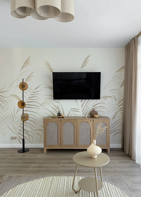 Nowoczesna tapeta z geometrycznym wzorem w stylowym pokoju dziennym, 2026