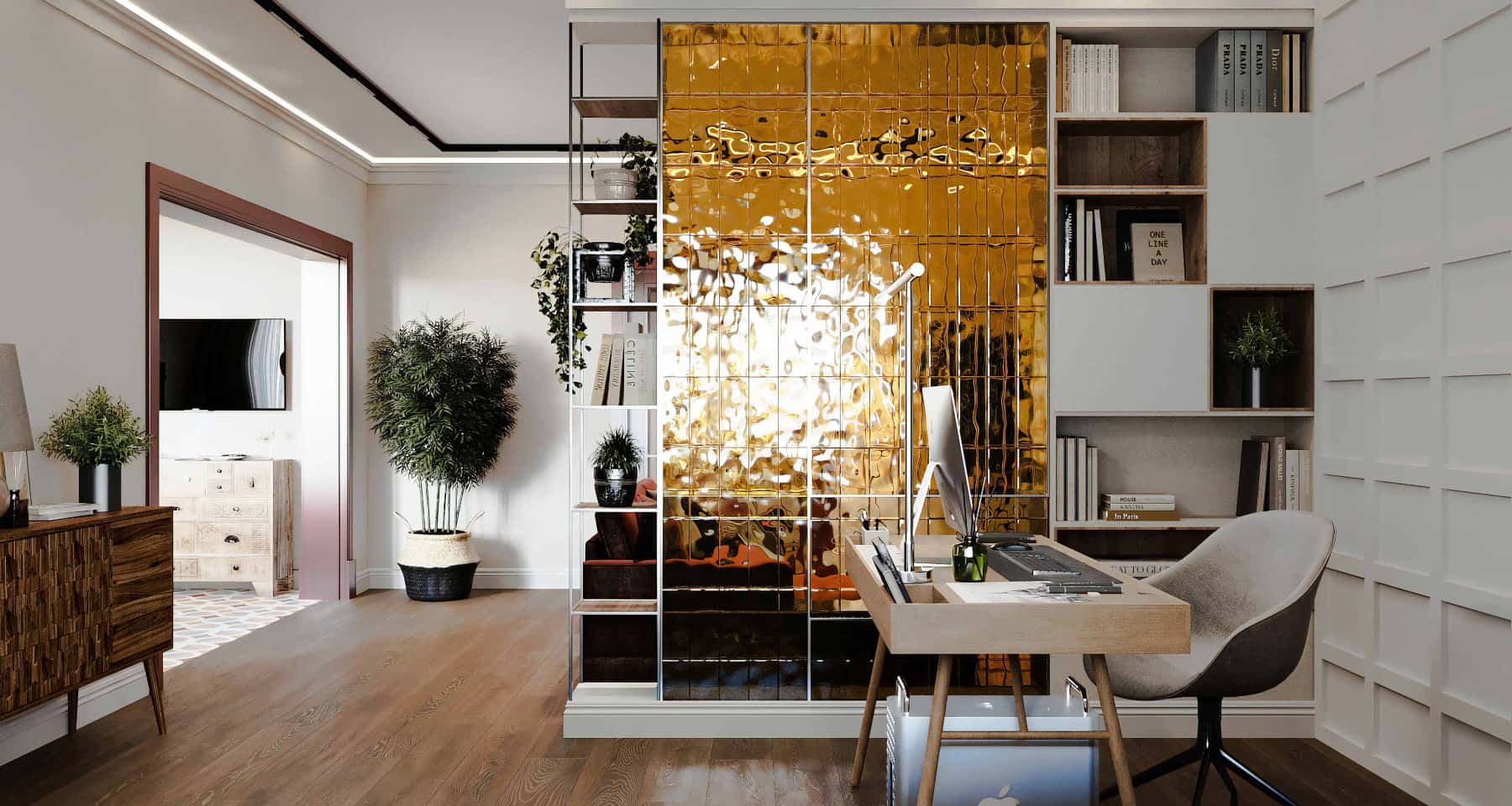 Koncepcja aranżacji salonu w dużym mieszkaniu w 2026 roku.