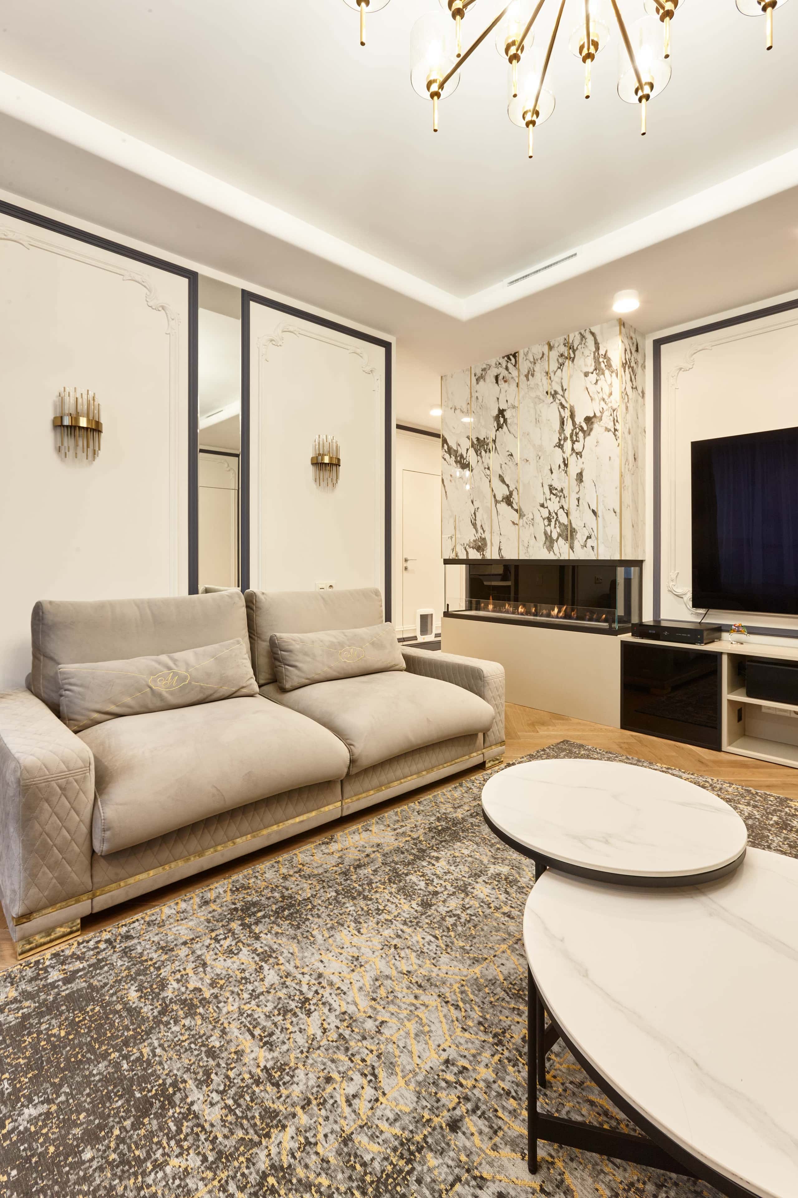 Wizualizacja nowoczesnego salonu w dużym mieszkaniu po remoncie w 2026 roku.