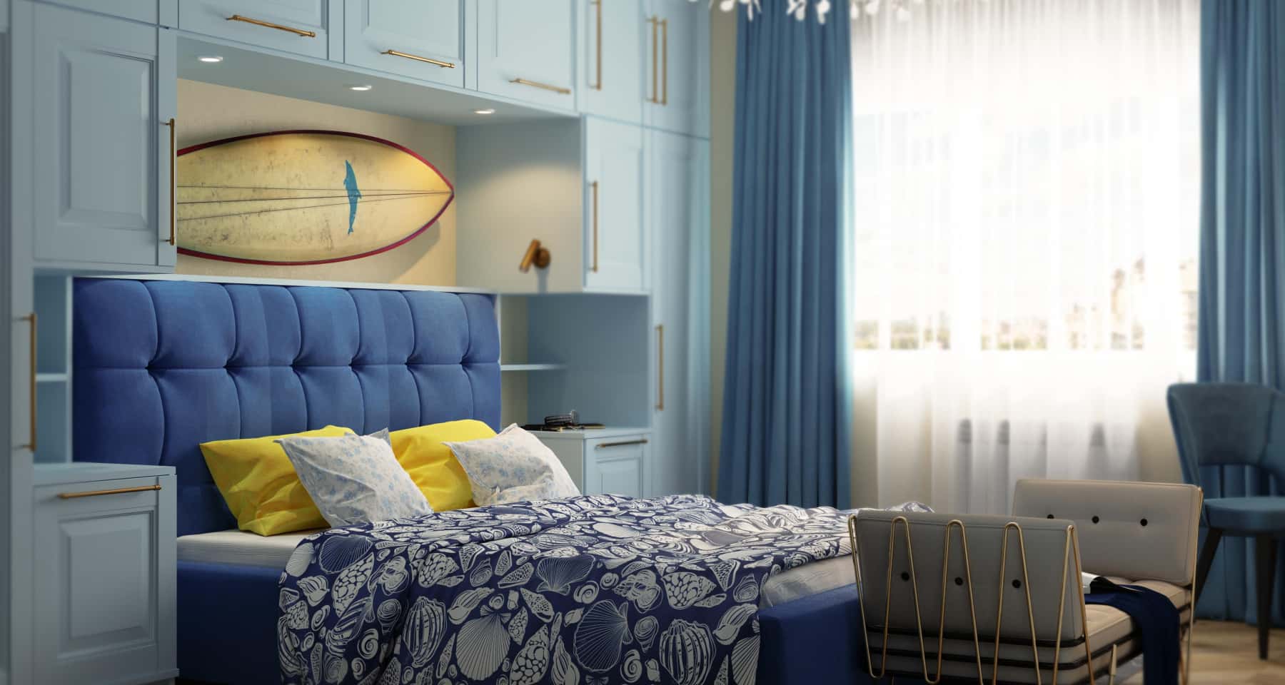 Projekt wnętrza mieszkania: aranżacja w stylu marynistycznym 2026 z elementami relaksu.