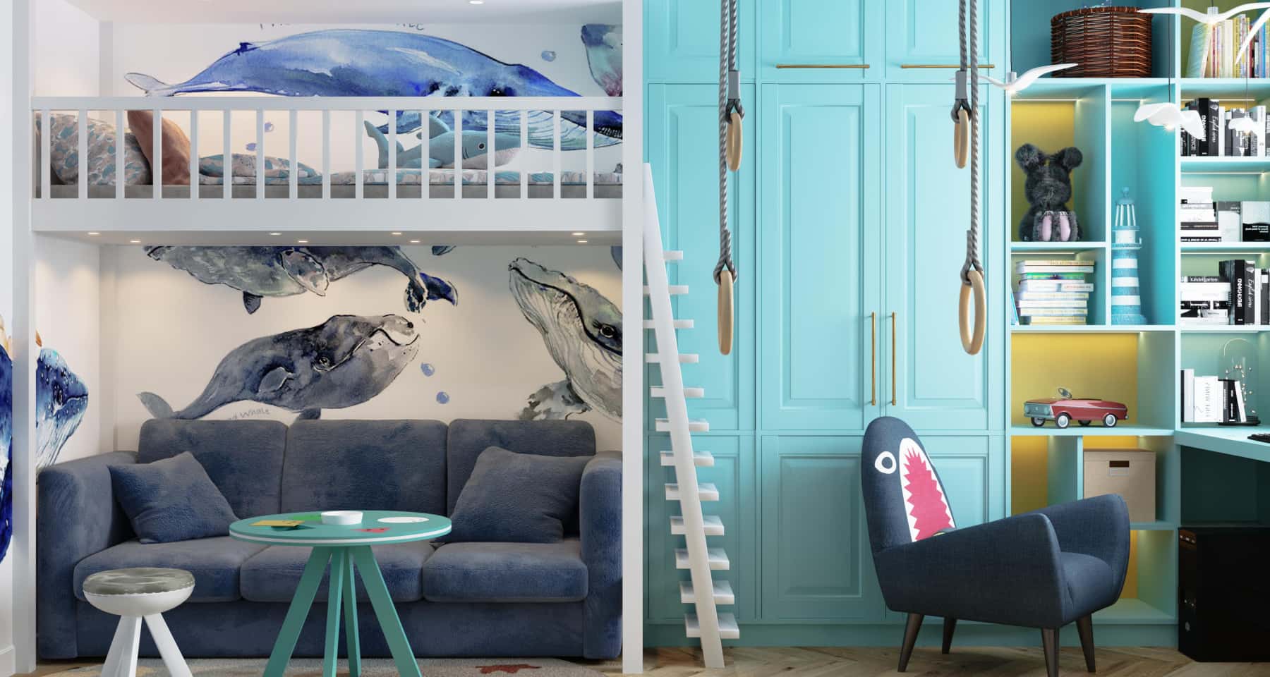 Współczesny design wnętrz mieszkania z elementami stylu marynistycznego 2026 i optymalizacją przestrzeni.