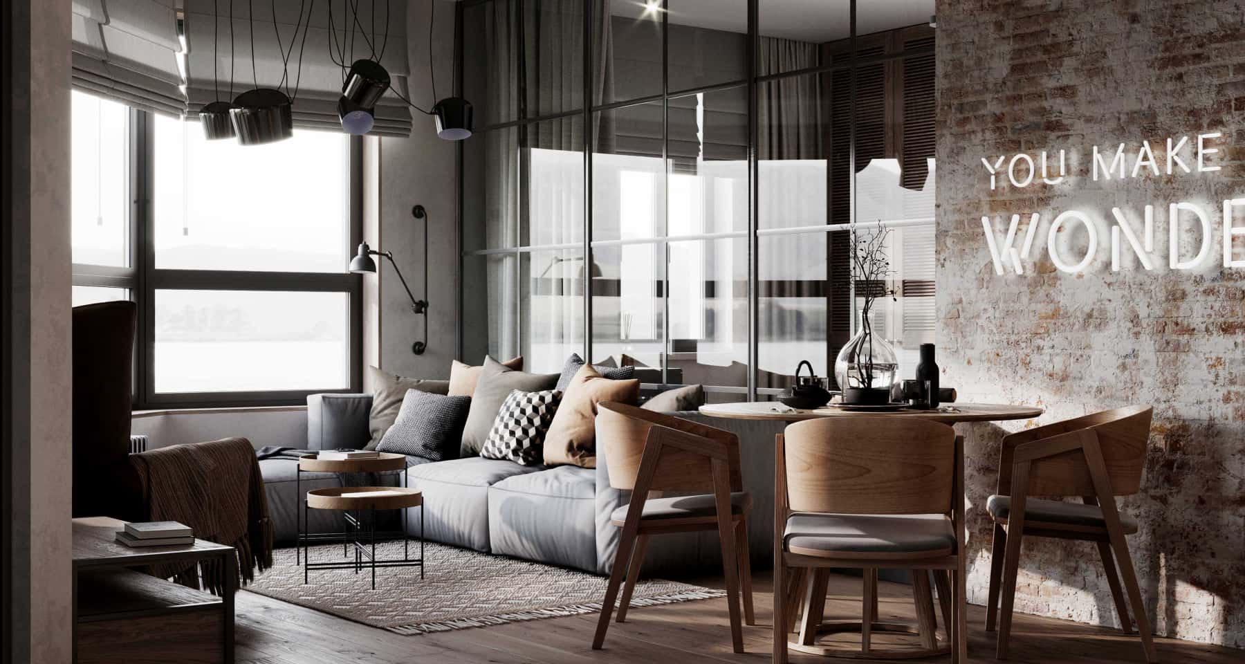 Mały loft, duży styl Aranżacja małego mieszkania w stylu loft z trwałym betonem na podłodze