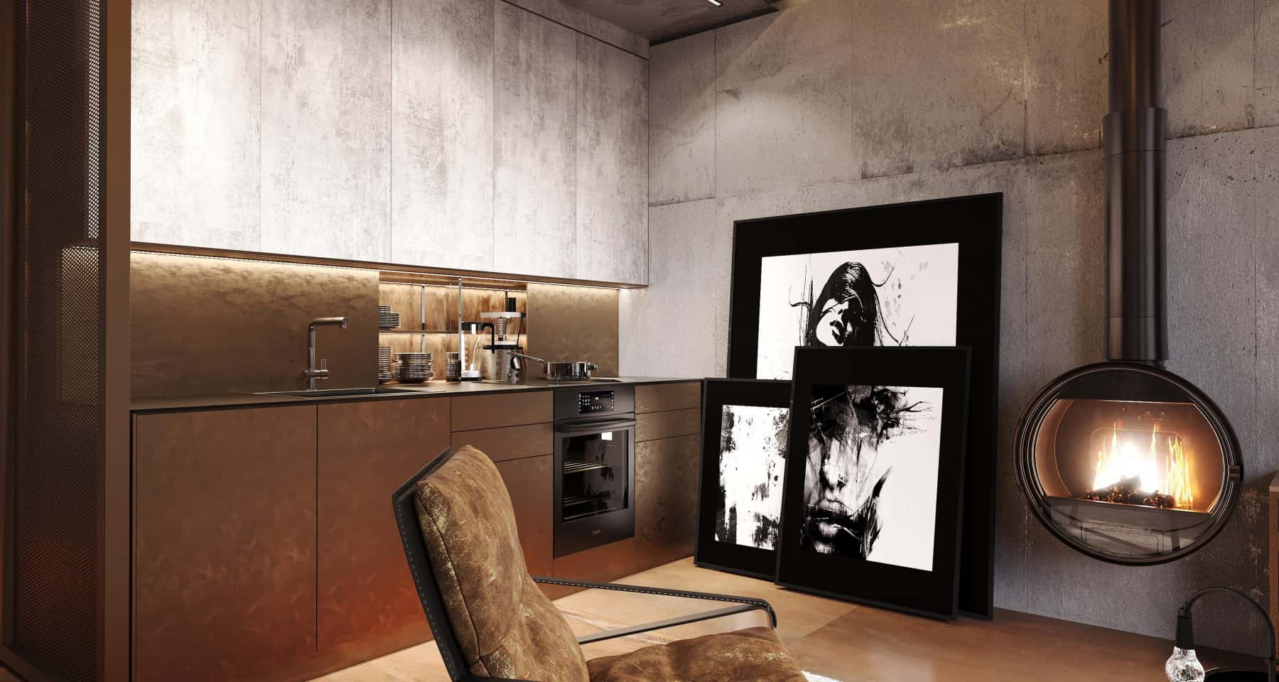 Loftowy salon z betonem Szara betonowa podłoga w salonie w stylu loft z designerskimi meblami