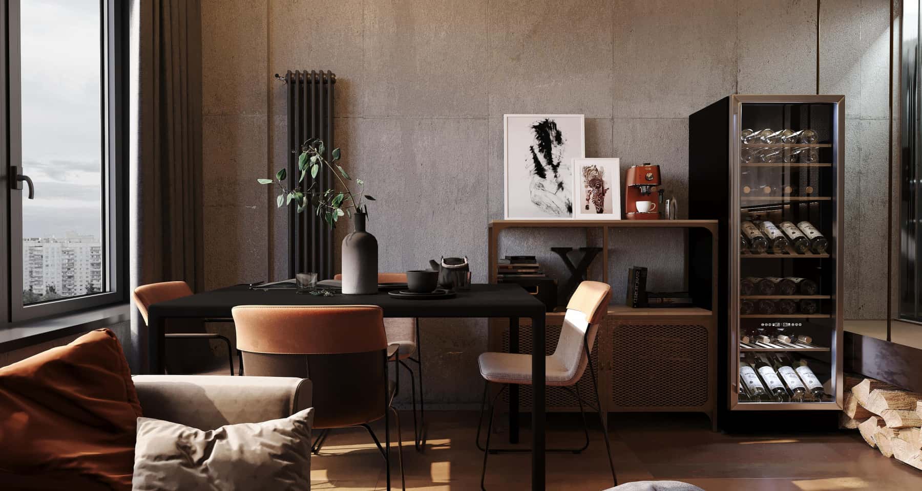 Loft: otwarta przestrzeń Otwarta przestrzeń w lofcie z wylewką betonową i dużymi oknami