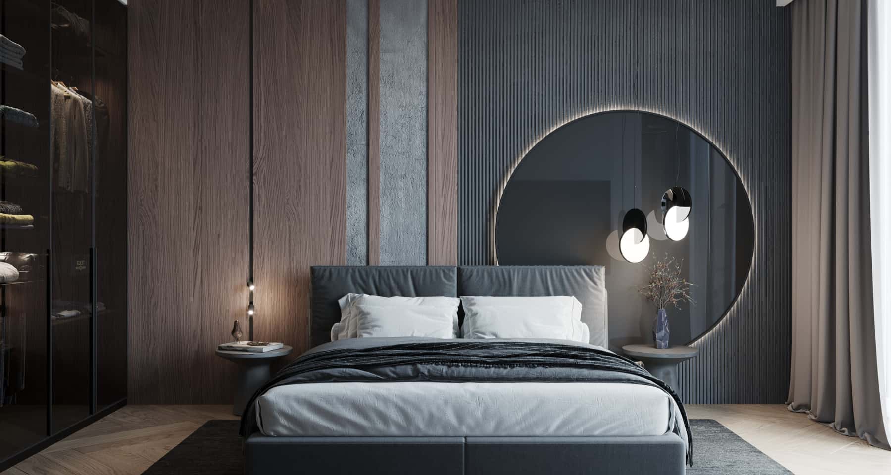 Salon z betonem Minimalistyczny salon z szarymi meblami, betonową ścianą i dużymi oknami w stylu loft.