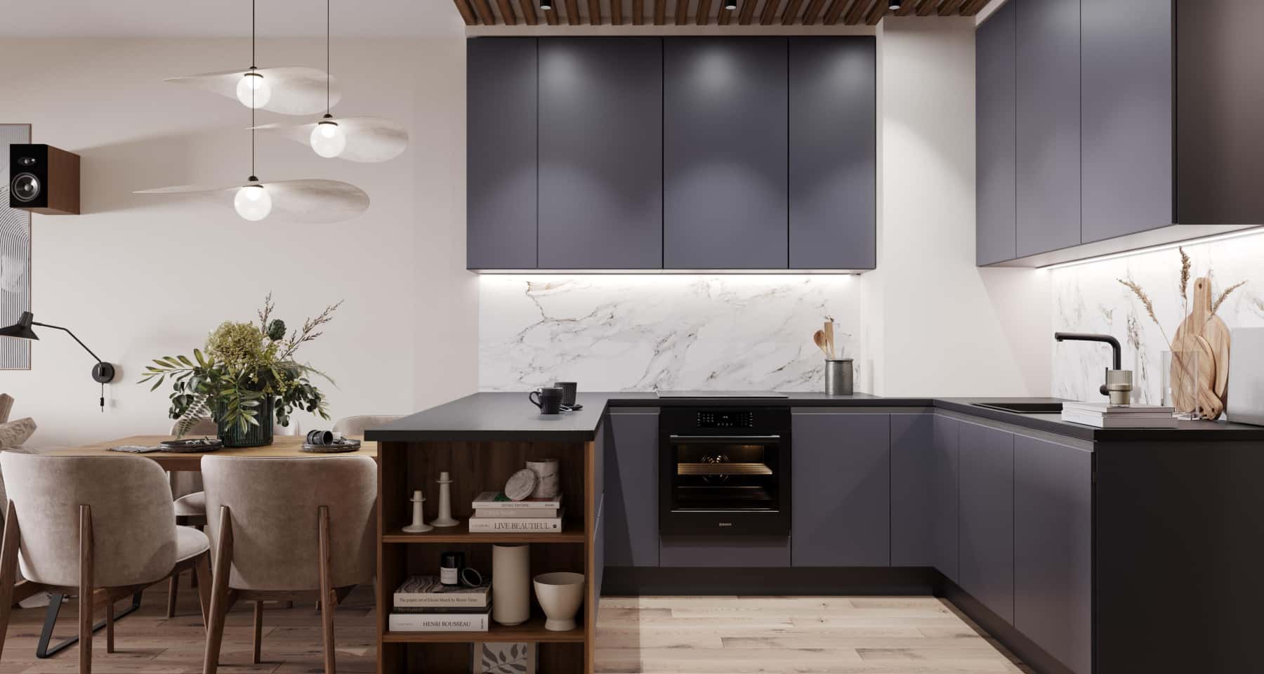 Szara kuchnia loft Nowoczesna kuchnia w stylu loftowym z szarymi frontami i betonową ścianą.