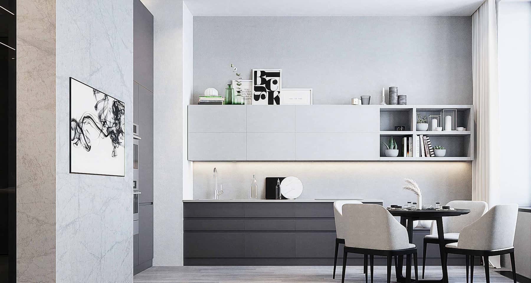 Monochromatyczna kuchnia loft Monochromatyczna kuchnia z betonowymi płytkami i szarymi frontami, emanująca loftowym stylem.