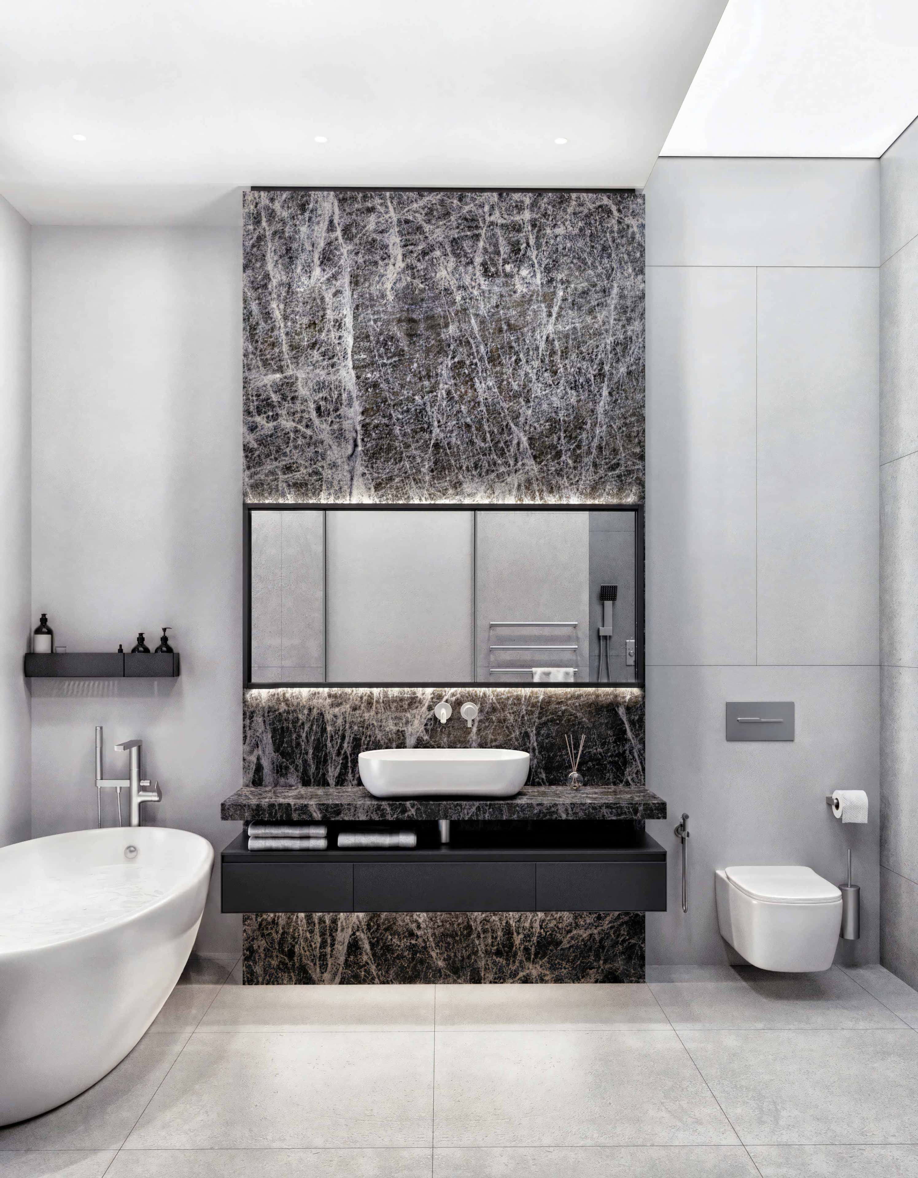 Szary salon w stylu loft Elegancki salon z szarą sofą, minimalistycznymi meblami i geometrycznymi dodatkami.