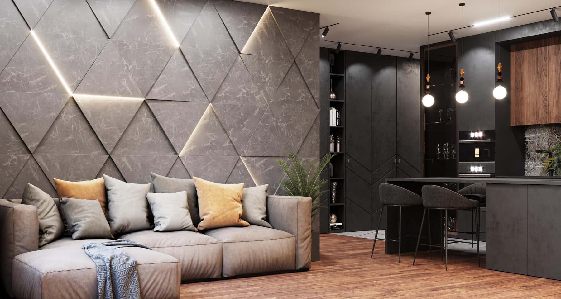 Salon w szarościach Monochromatyczna aranżacja salonu z dominacją odcieni szarości i geometrycznymi meblami.