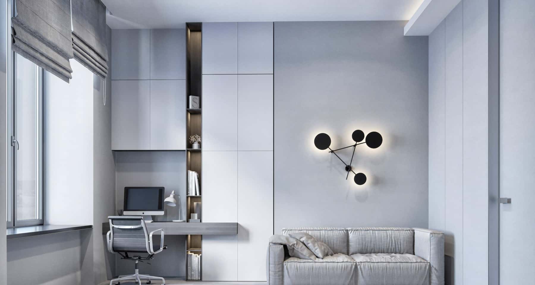 Nowoczesny loft w odcieniach szarości Szare wnętrze loftowe z designerskimi meblami i industrialnymi elementami dekoracyjnymi.