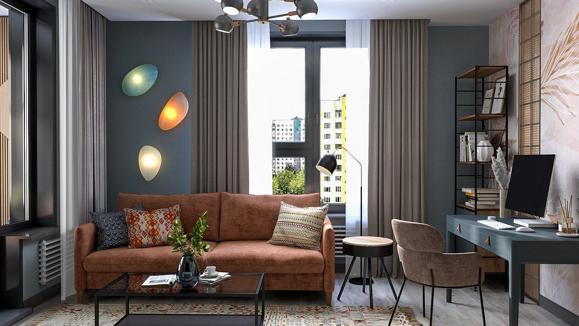 Pokój dziecięcy z szarą podłogą, kolorowymi zabawkami i meblami w pastelowych barwach.