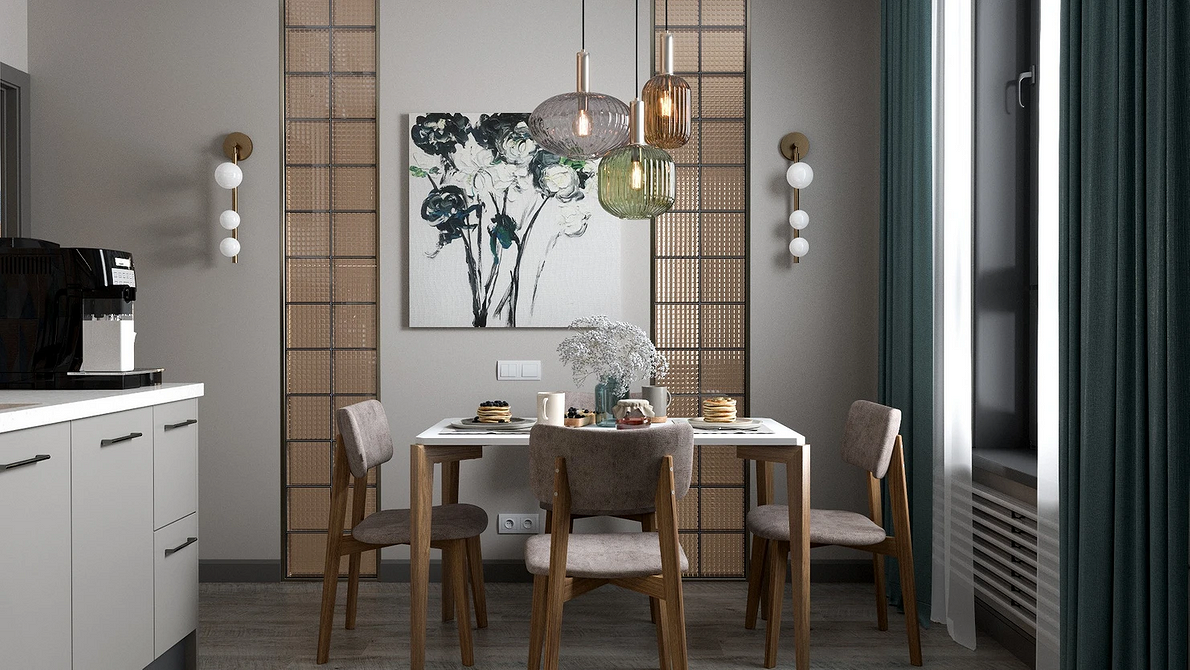 Minimalistyczne wnętrze z szarą podłogą, szarymi ścianami i elementami drewnianymi.