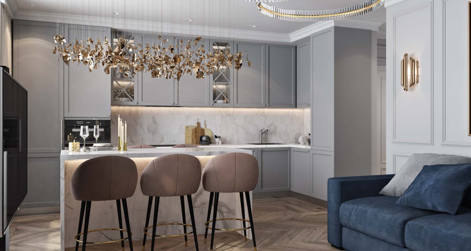 Elastyczne szyny w kuchni Kuchnia 2026 z szynoprzewodami oświetleniowymi zapewniającymi maksymalną elastyczność i adaptację światła do potrzeb.