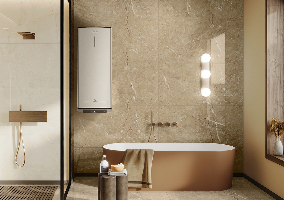 Inteligentny podgrzewacz wody Ariston z możliwością sterowania Wi-Fi w łazience.