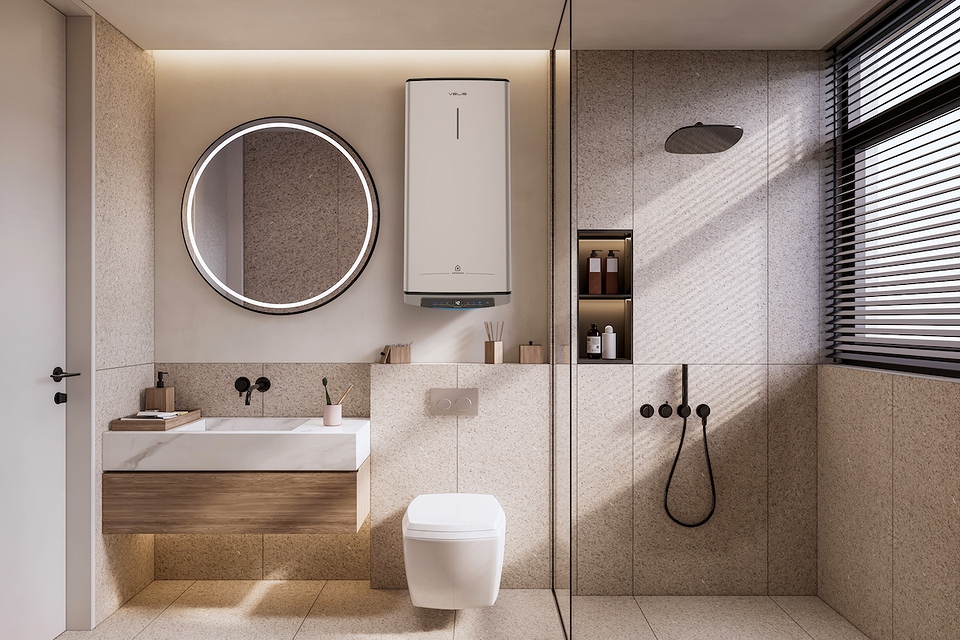 Elegancki podgrzewacz wody Ariston wkomponowany w aranżację nowoczesnej łazienki.